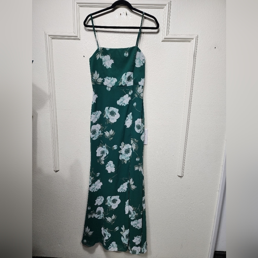 Lulus Feeling Elegant Green Floral Print Lace-Up Slit Maxi Dress S Wedding Party - Picture 8 of 11